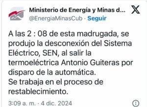 Caía del Sistema Electroenegético Nacional/ Cuenta X: Ministerio de Energía y Minas